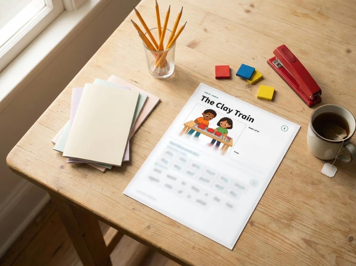 A printed page from the Decodable Books, the cover and word page of the book "The Clay Train", on a classroom table with pencils, a stack of stapled booklets and a stapler
